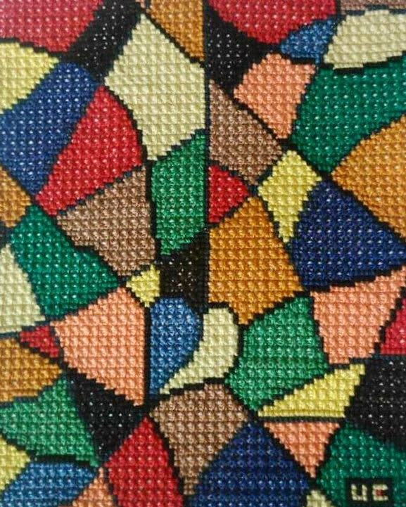 Colorful abstract hand embroidery in double cross handcrafted by Anya Isac for wall hanging customized canvas